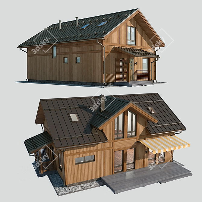 Wooden Cottage with Roof 3D 3D model image 3