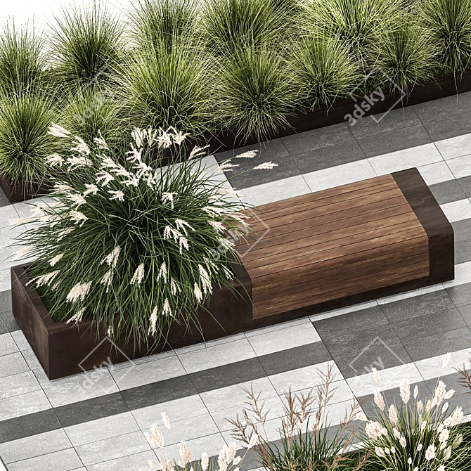 Urban Garden Bench with Rusty Metal and Ornamental Grasses 3D model image 2