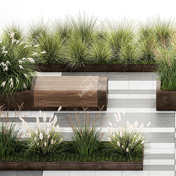 Urban Garden Bench with Rusty Metal and Ornamental Grasses 3D model image 4