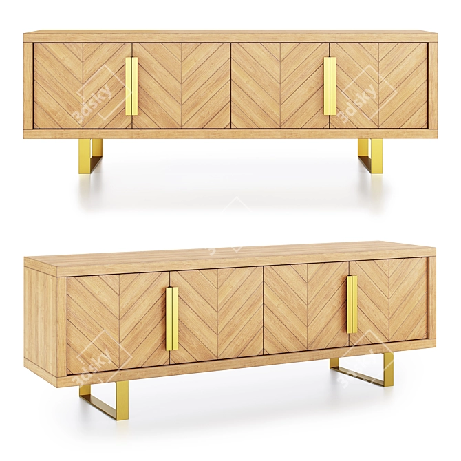 Natural Wood TV Stand | Brass Accents 3D model image 1