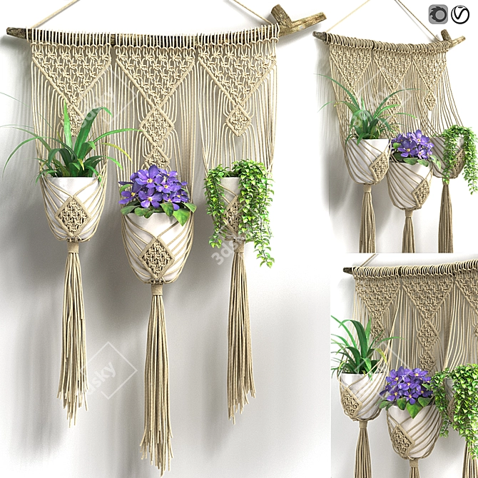 Macrame Triple Plant Holder Stand 3D model image 1