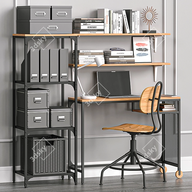 Modern Home Office Collection: Laptop Table, Swivel Chair, Shelving Unit & Rattan Basket 3D model image 1