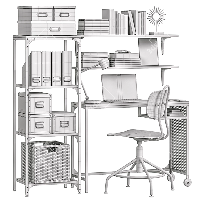 Modern Home Office Collection: Laptop Table, Swivel Chair, Shelving Unit & Rattan Basket 3D model image 4