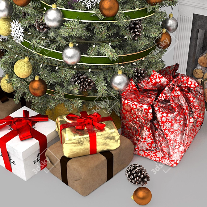 Festive Christmas Tree Fireplace 3D 3D model image 2