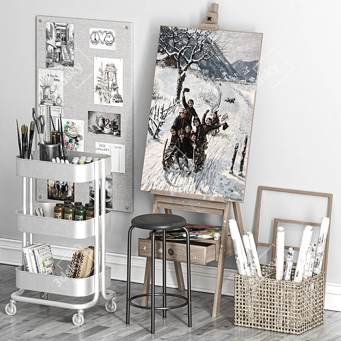 Artist Easel & Utility Cart Set 3D model image 2