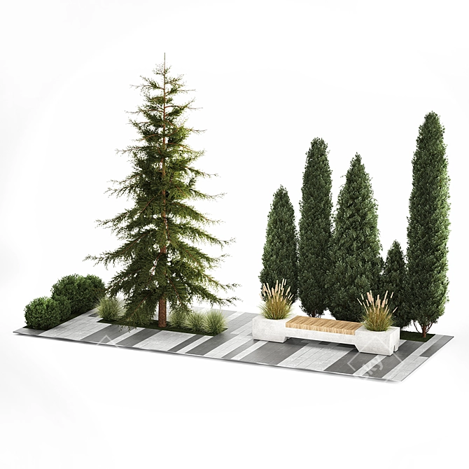 Urban Greenery Collection: Bench and Evergreens 3D model image 2