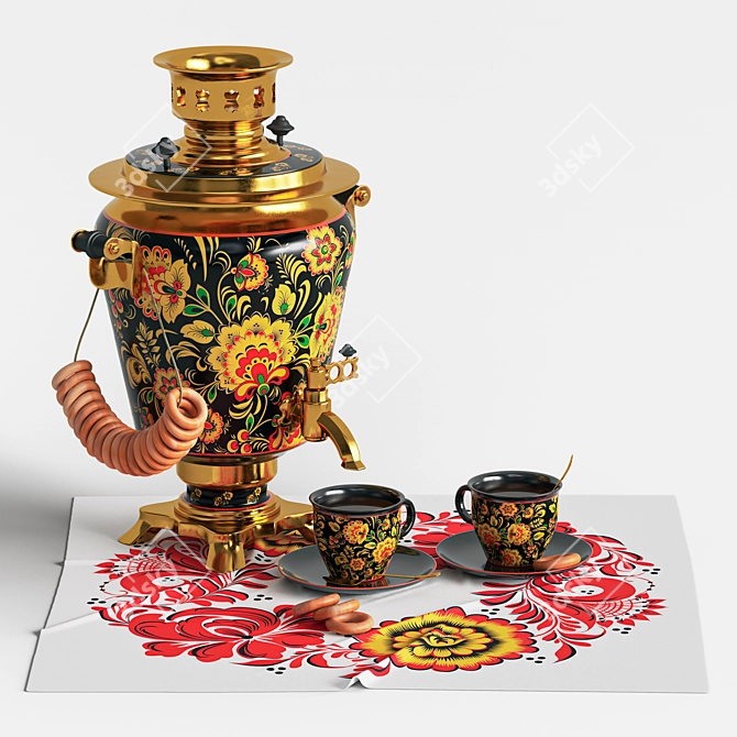 Hand-Painted Samovar Set with Hohloma Design 3D model image 1