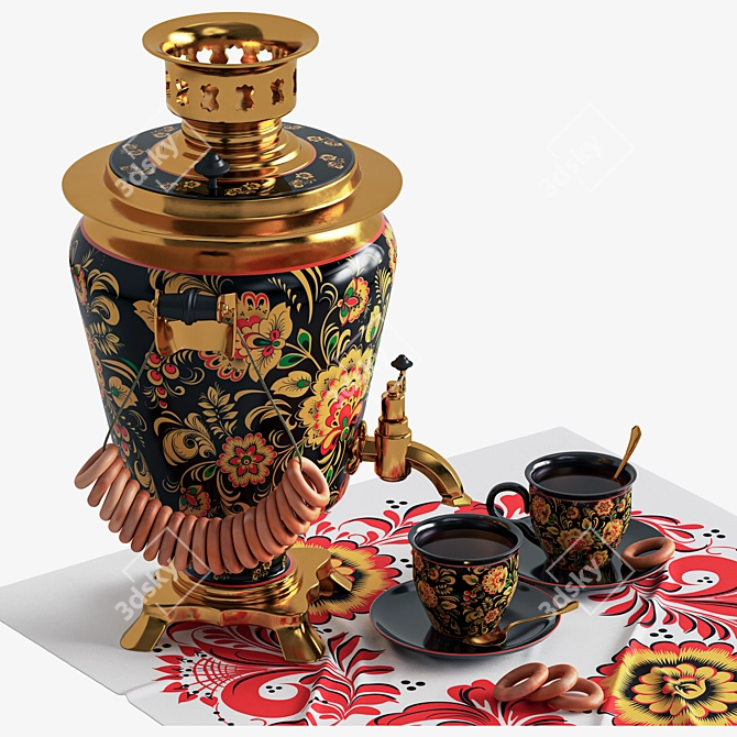 Hand-Painted Samovar Set with Hohloma Design 3D model image 2