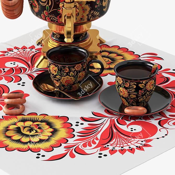 Hand-Painted Samovar Set with Hohloma Design 3D model image 3