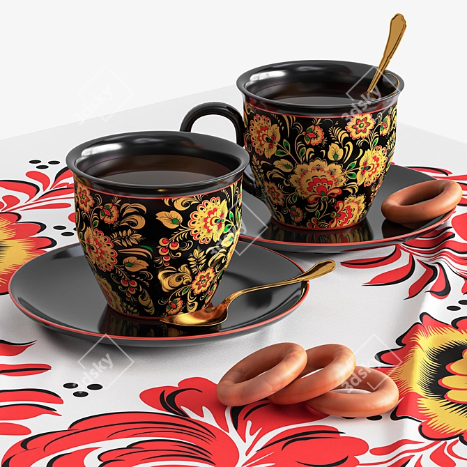 Hand-Painted Samovar Set with Hohloma Design 3D model image 4