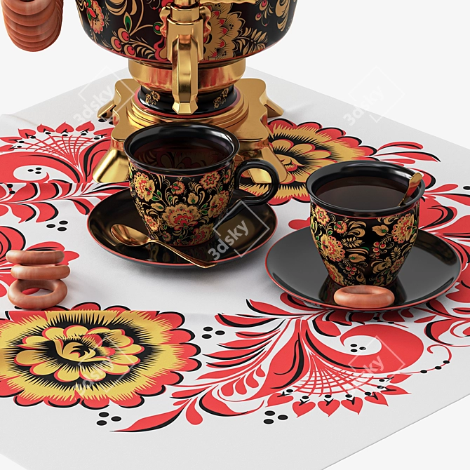 Hand-Painted Samovar Set with Hohloma Design 3D model image 8