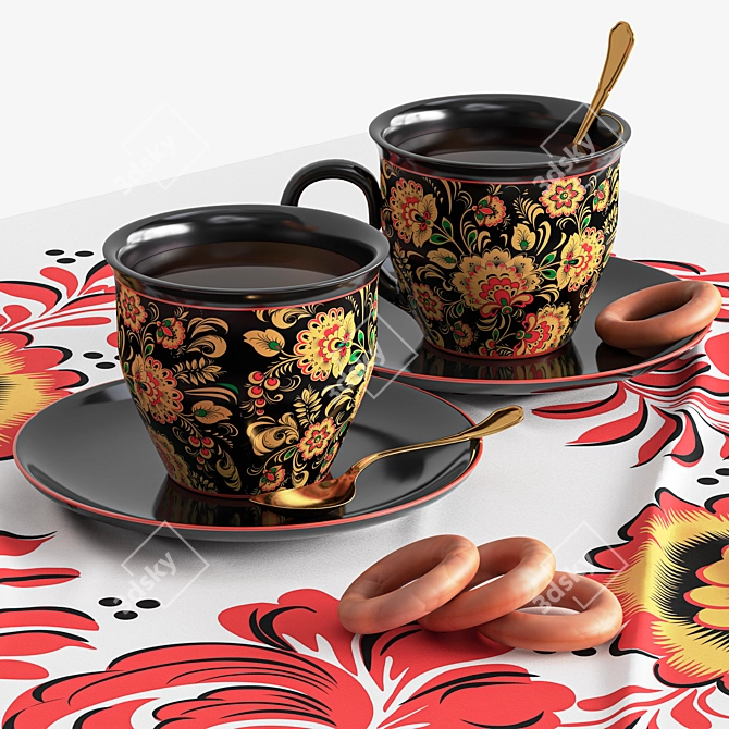 Hand-Painted Samovar Set with Hohloma Design 3D model image 9