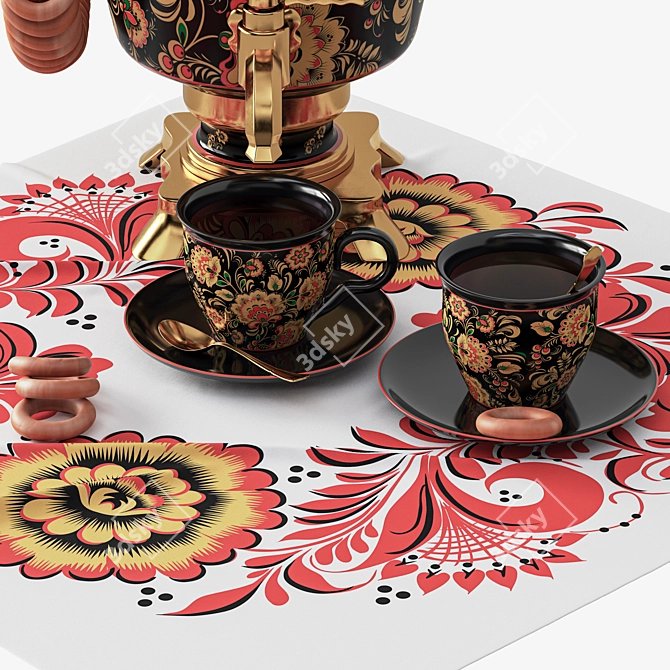 Hand-Painted Samovar Set with Hohloma Design 3D model image 12