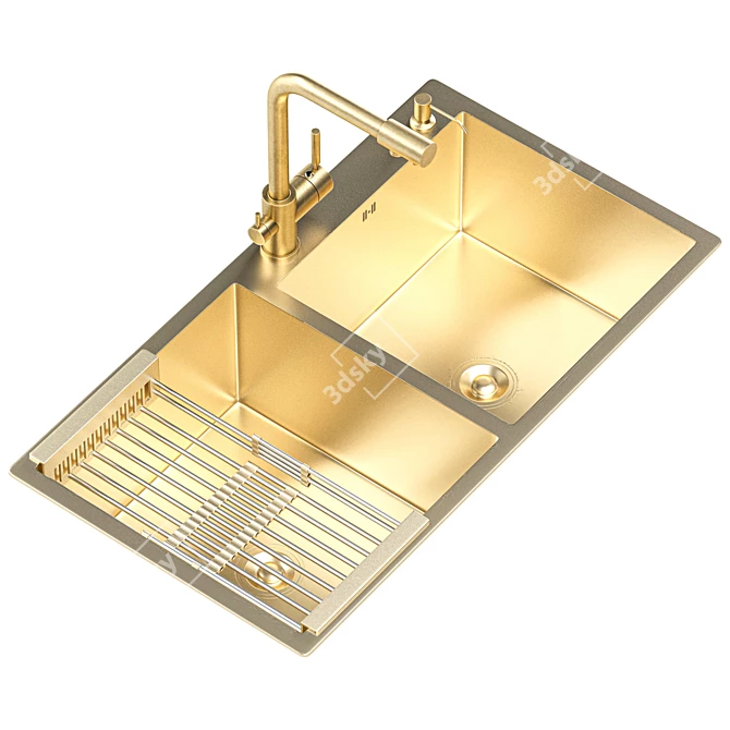 Gold Stainless Double Bowl Kitchen Sink 3D model image 2