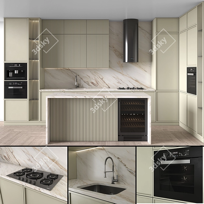 Modern Corner Kitchen Set with Appliances 3D model image 1