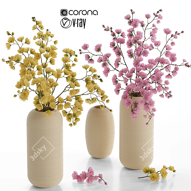 Pink Yellow Flower Pot Set 3D model image 1