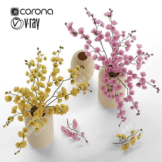 Pink Yellow Flower Pot Set 3D model image 6