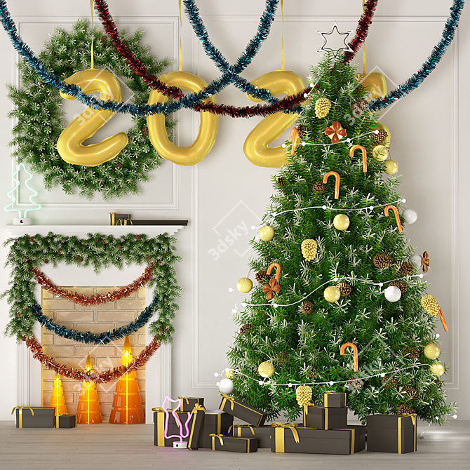  New Year Tree Decoration Set 3D model image 1