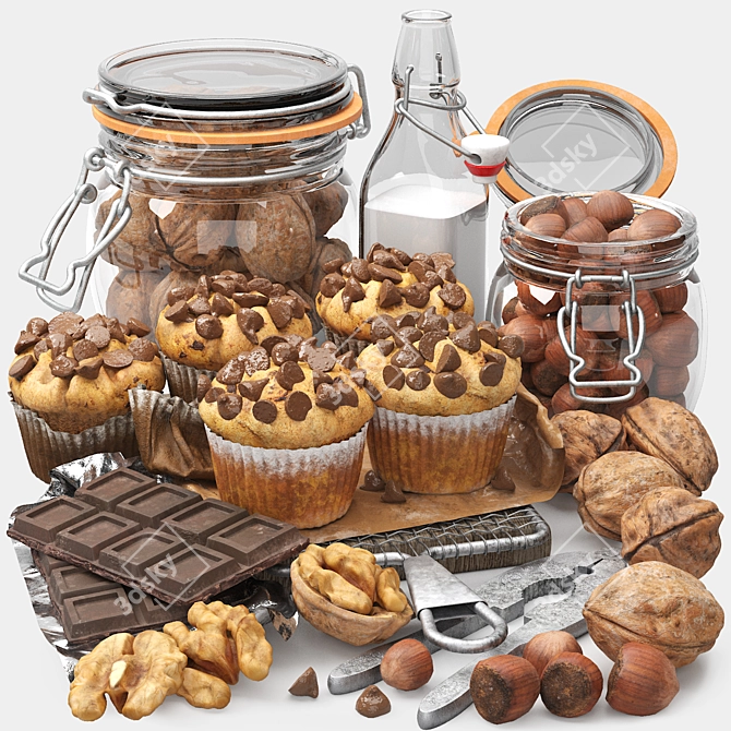 Decadent Chocolate Muffins & Nuts 3D model image 1