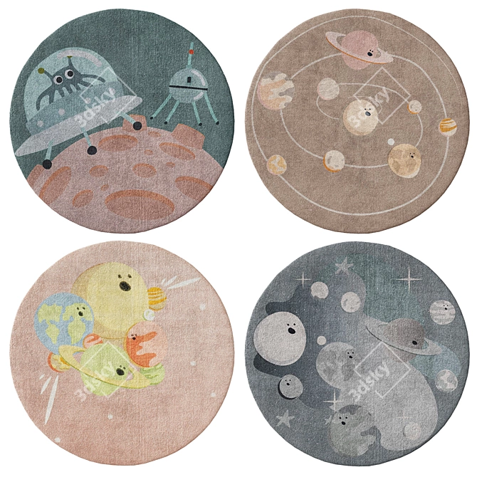 Space Adventure Round Kids Rugs 3D model image 2