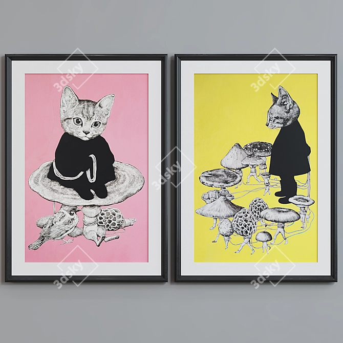 Cat Mushroom Frame Set with Abstract Portraits 3D model image 2