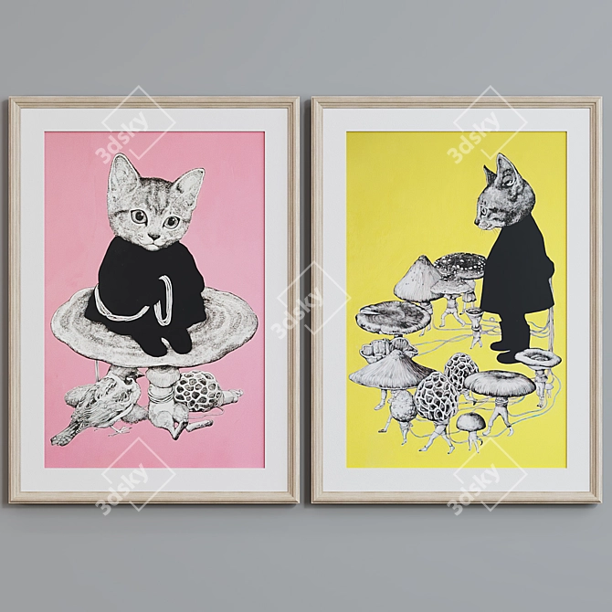 Cat Mushroom Frame Set with Abstract Portraits 3D model image 3