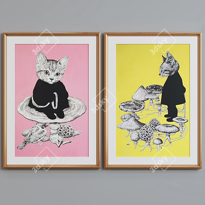 Cat Mushroom Frame Set with Abstract Portraits 3D model image 4