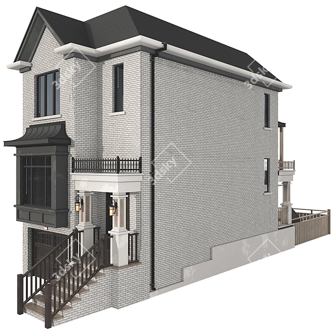 Modern Brick House Pitched Roof 3D model image 5