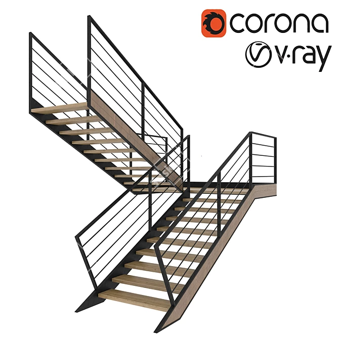 Modern Wooden Staircase with Metal Railing 3D model image 1