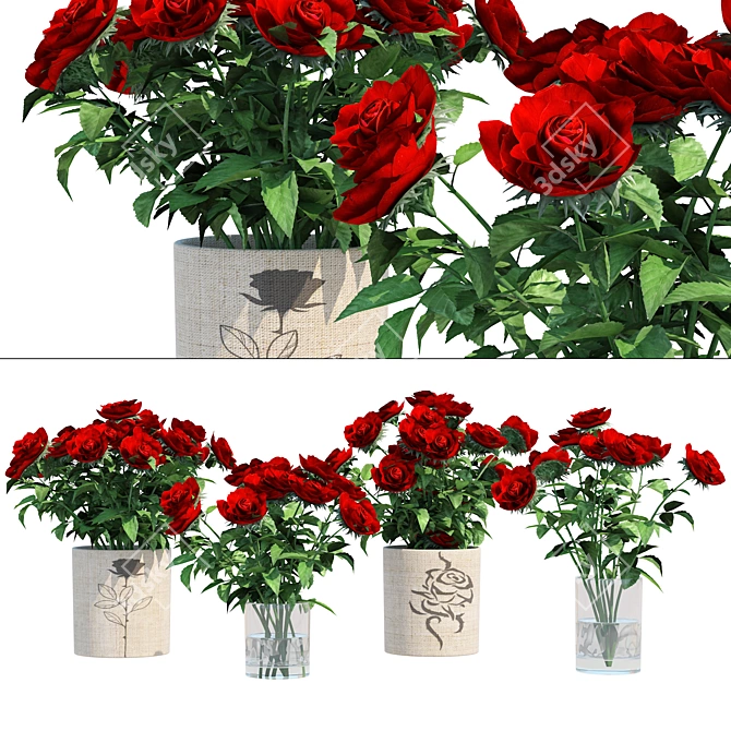 Red Rose Vases Set Beauty 3D model image 1