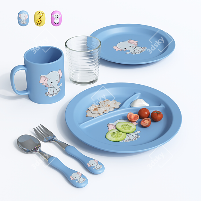 Kids' 3-Color Plastic Tableware Set 3D model image 1