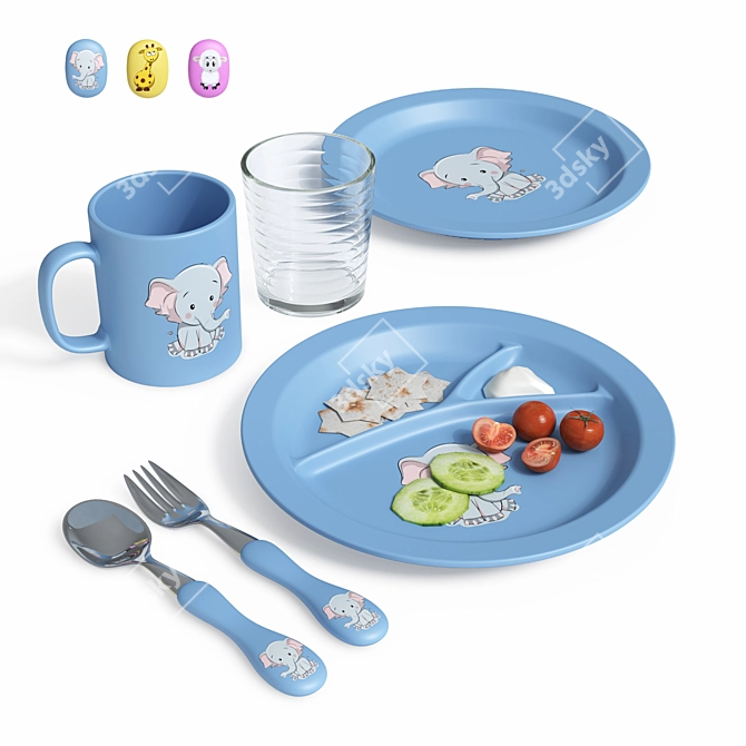 Kids' 3-Color Plastic Tableware Set 3D model image 7