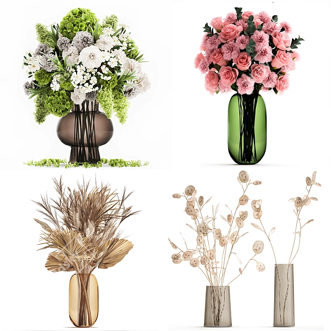 Dried Flower Bouquet Set in Glass Vases, 288 3D model image 1