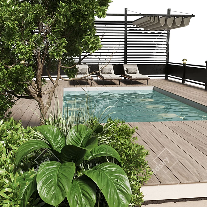 Poolside Pergola Roof Garden Design 3D model image 6