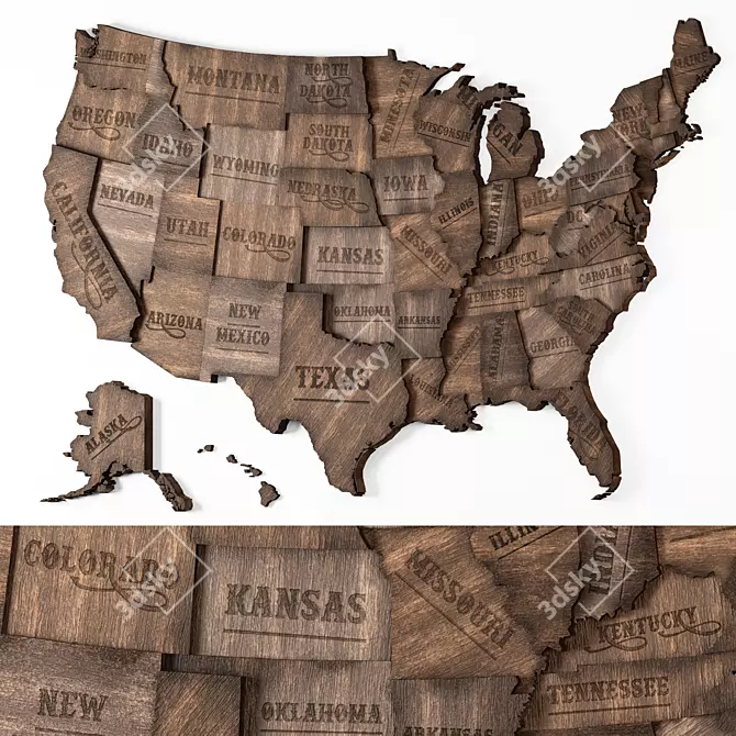 Vintage Wooden USA Wall Map 3D model image 1