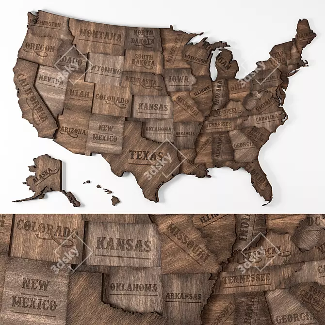 Vintage Wooden USA Wall Map 3D model image 4