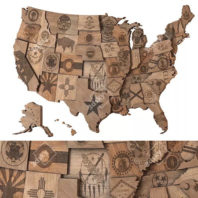  Wooden USA Wall Map Set 3D model image 1