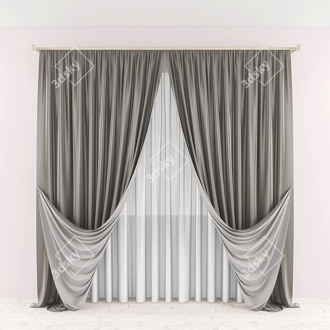 Floor-Length Curtain with Straight Tulle 3D model image 1