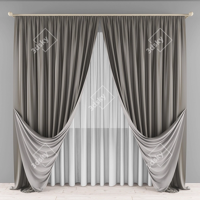 Floor-Length Curtain with Straight Tulle 3D model image 4