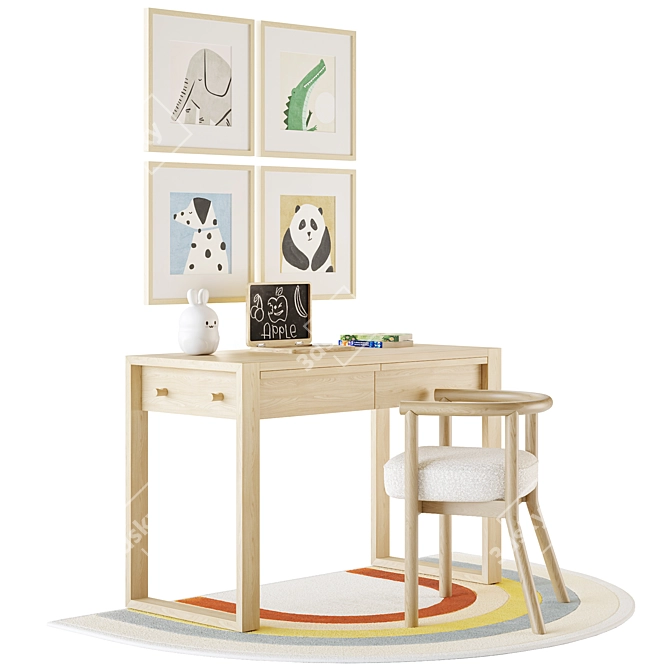 Kid's Wood Desk & Chair: Gemini and White Horse 3D model image 2