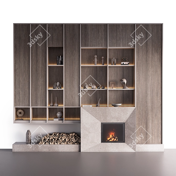 Monochromatic Fireplace Wall Composition 3D model image 1