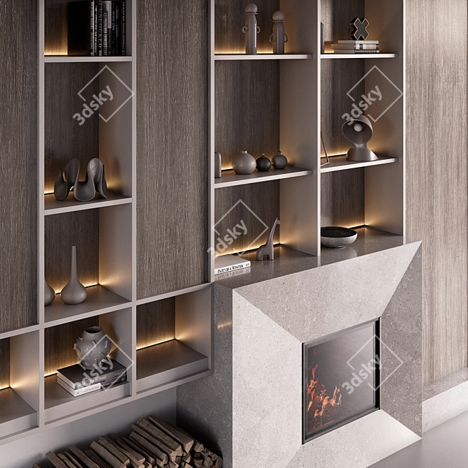 Monochromatic Fireplace Wall Composition 3D model image 2