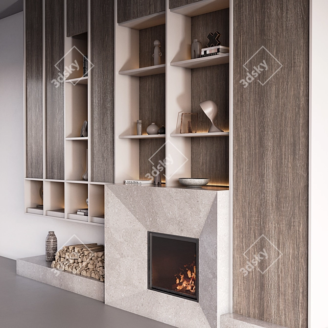 Monochromatic Fireplace Wall Composition 3D model image 5