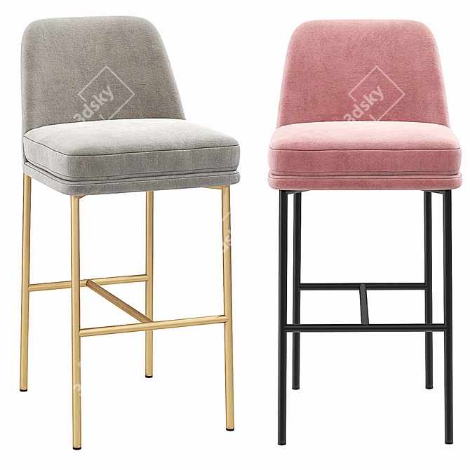 Velvet Upholstered Metal Barstool Set 3D model image 1