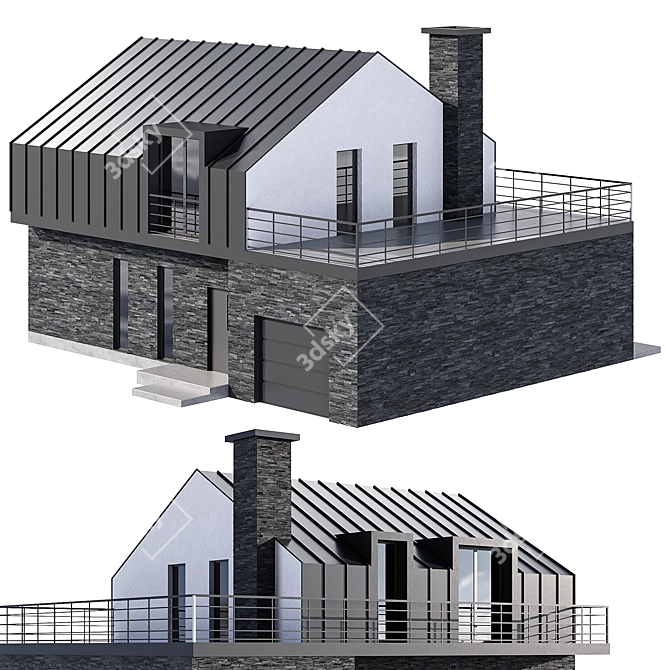 Modern Stone House with Garage, Mansard, & Terrace 3D model image 4