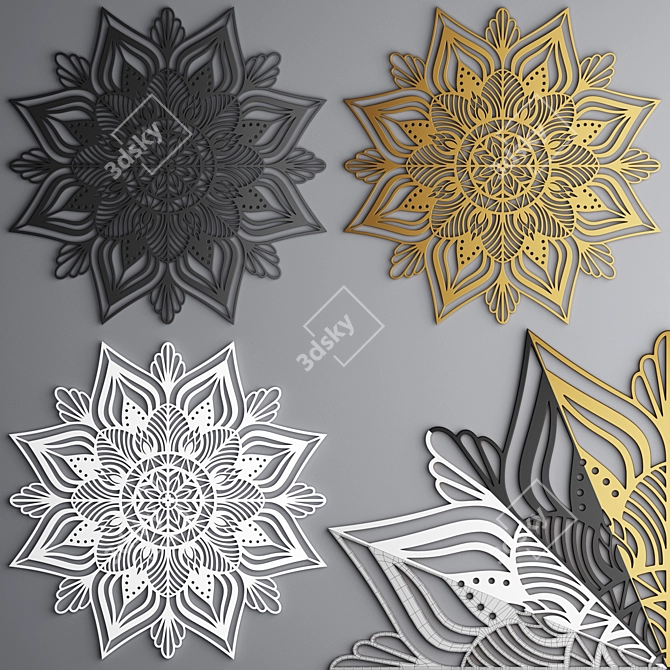 Title: Mandala Wall Panel in Black, White, & Gold 3D model image 1