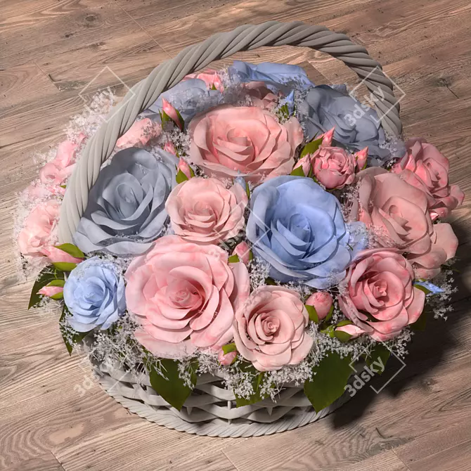 Pastel Rose Basket Floral Arrangement 3D model image 2