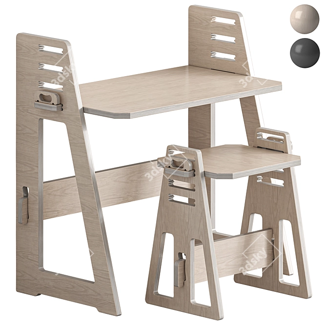 Kids Study Desk Set with Stool 3D model image 5