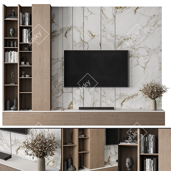  Rustic Stone Wood TV Wall 3D model image 1