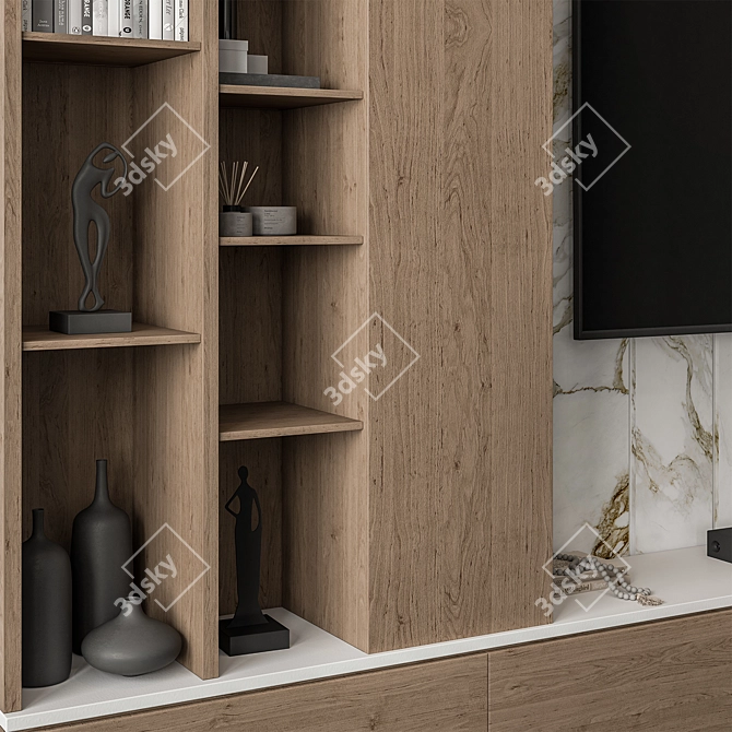  Rustic Stone Wood TV Wall 3D model image 3